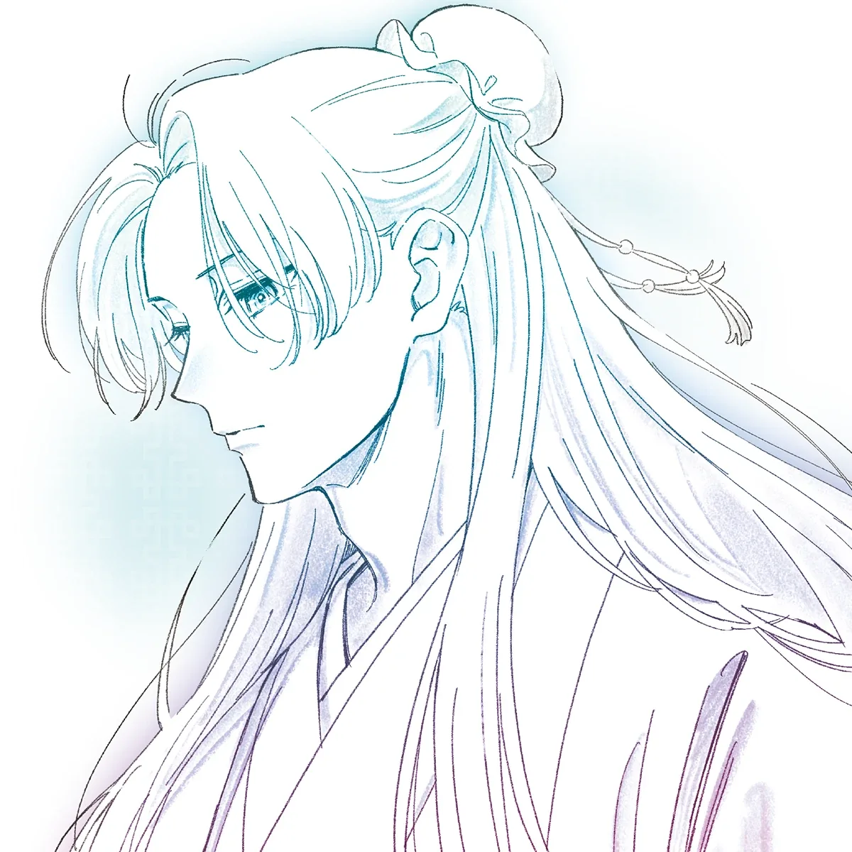 Portada de la edición de periodo limitado: dibujo a lápiz de perfil de un joven de cabello largo recogido en un moño con listón, en tonos azul y lila pálidos sobre fondo blanco