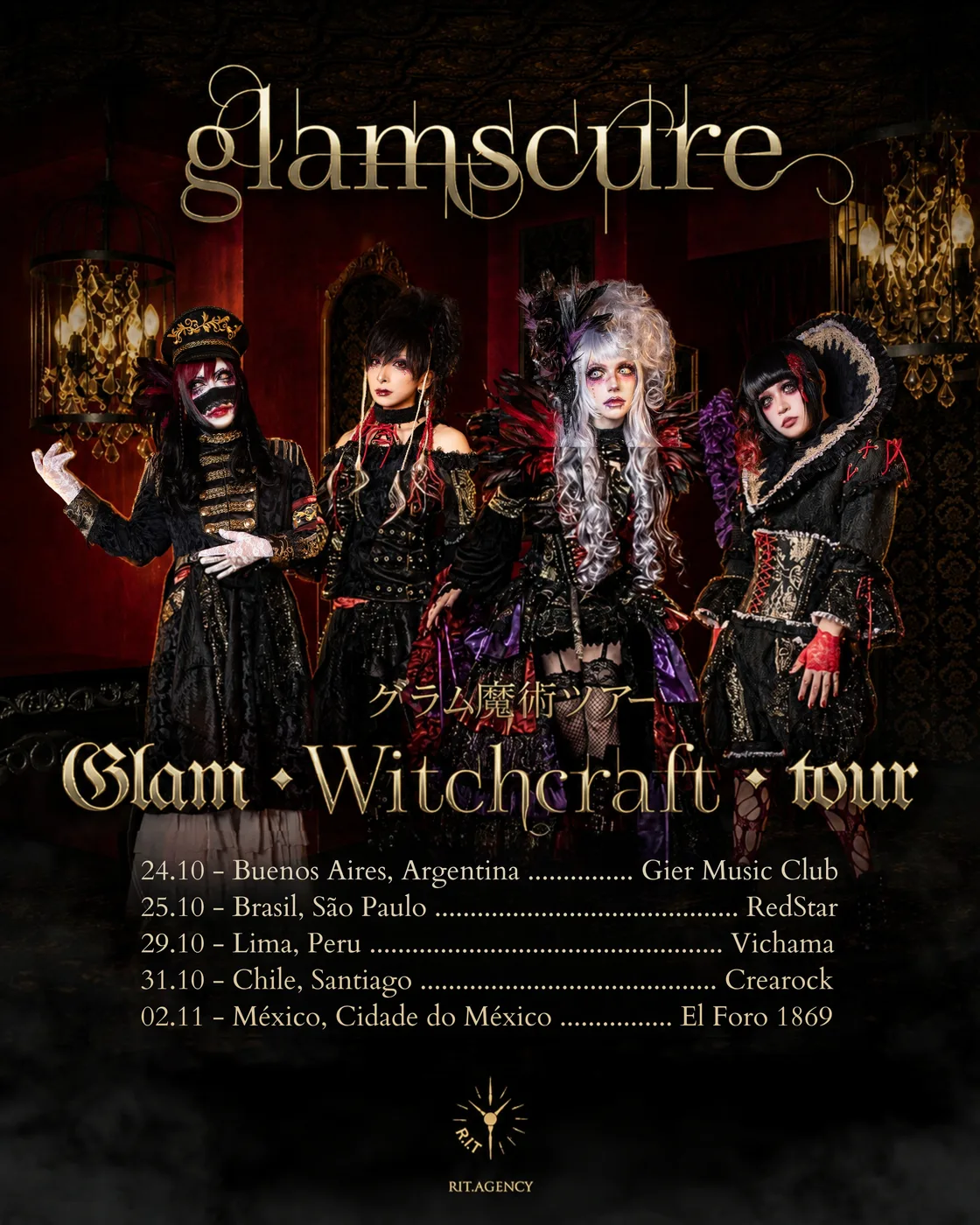 Flyer oficial de la glam・witchcraft・tour de glamscure con las cinco fechas en Latinoamérica