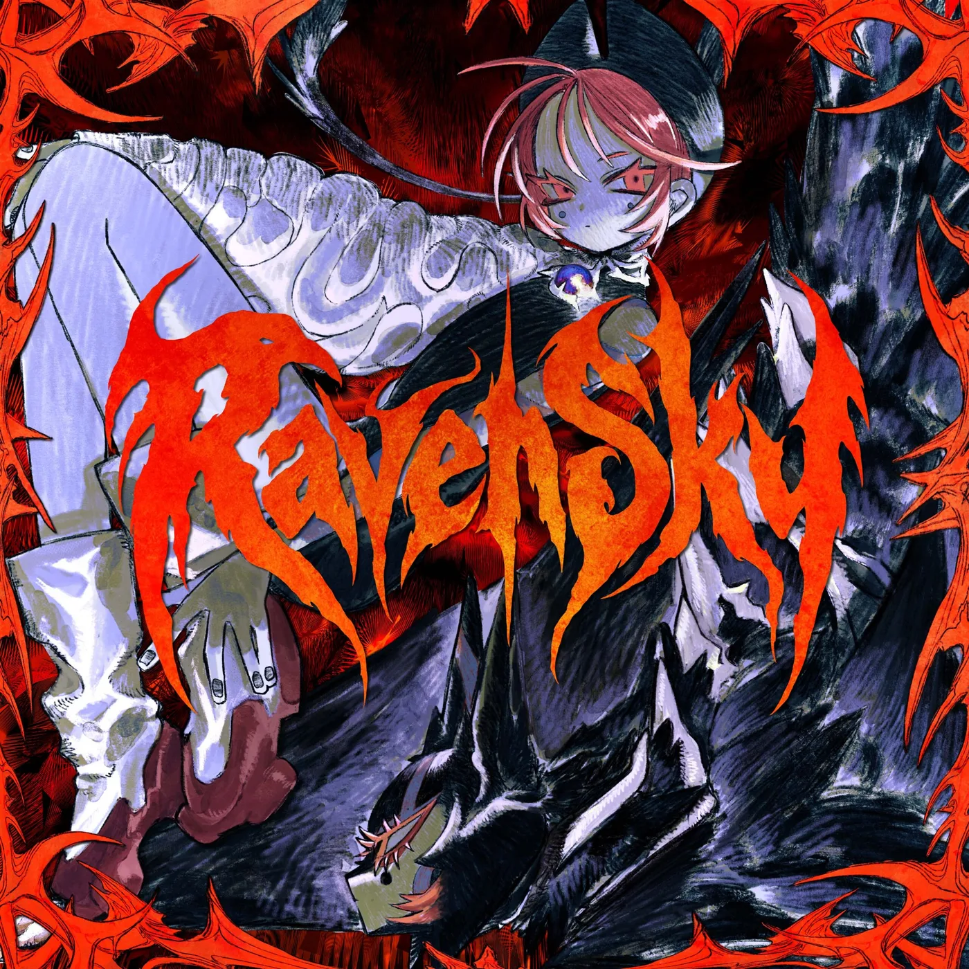 Portada del sencillo «Raven Sky» de Ado: una chica ilustrada de cabello rojo entre plumas negras, con el título en letras de fuego