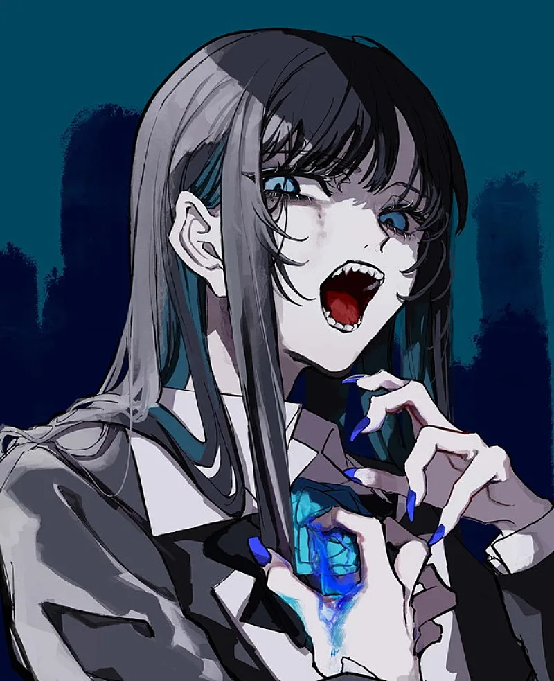 Ilustración oficial de Ado: una chica de cabello largo y ojos azules con una rosa azul brillante en el pecho