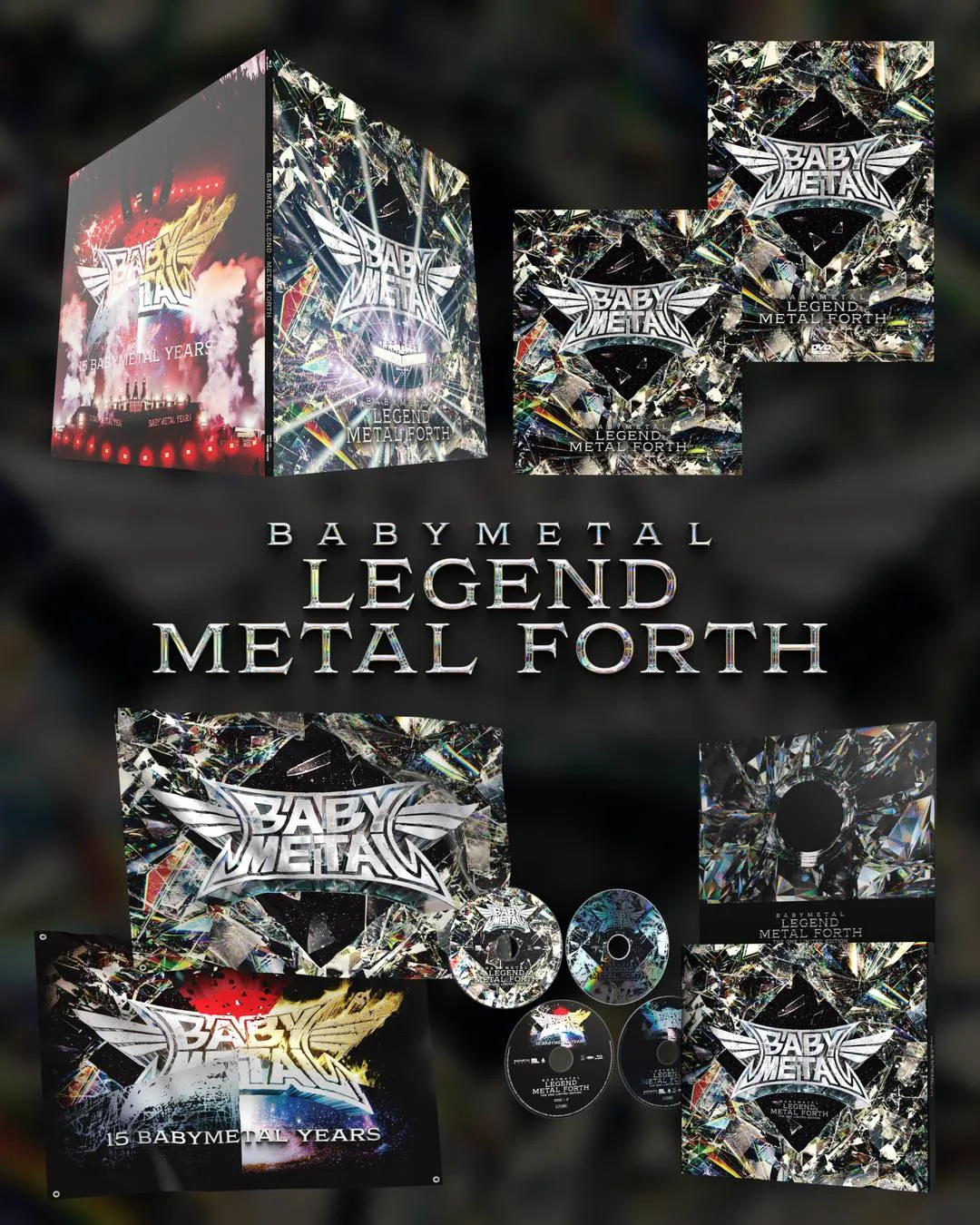 Imagen oficial de todas las ediciones de LEGEND - METAL FORTH de BABYMETAL: caja, Blu-ray, DVD, discos y banderas con el logo de la banda