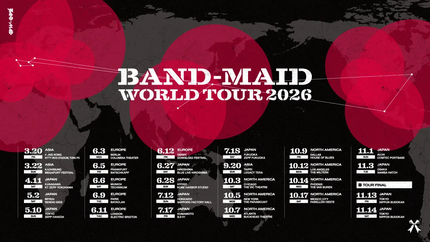 Gráfico oficial de BAND-MAID WORLD TOUR 2026 con todas las fechas de la gira