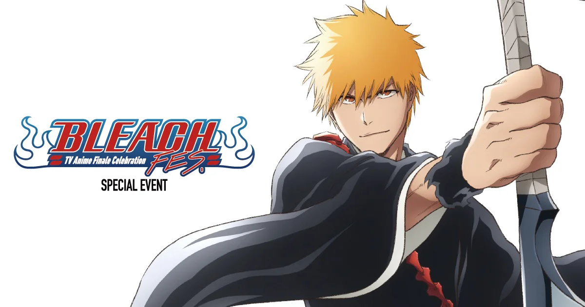 Visual de BLEACH FES.: Ichigo Kurosaki, de cabello naranja y kimono negro, sostiene en alto su espada envuelta en vendas sobre un fondo blanco; a la izquierda, el logotipo del evento en rojo y azul