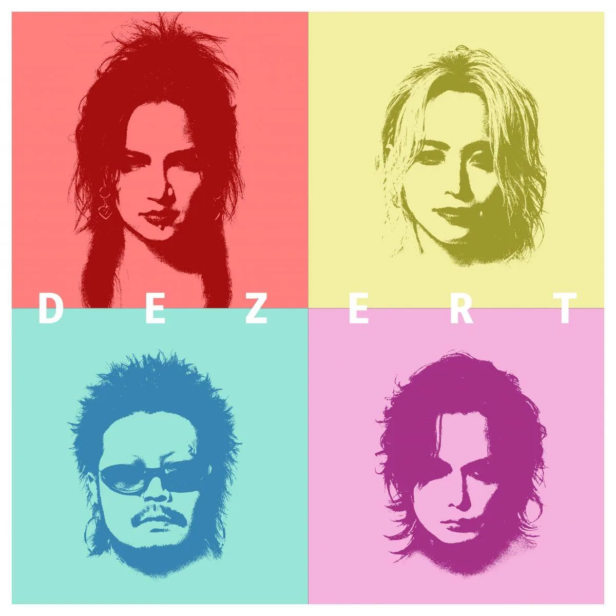 Portada del álbum DEZERT: los rostros de los cuatro integrantes en estilo serigrafía, cada uno en un cuadro de color (rojo, amarillo, turquesa y rosa), con el nombre de la banda en letras blancas al centro