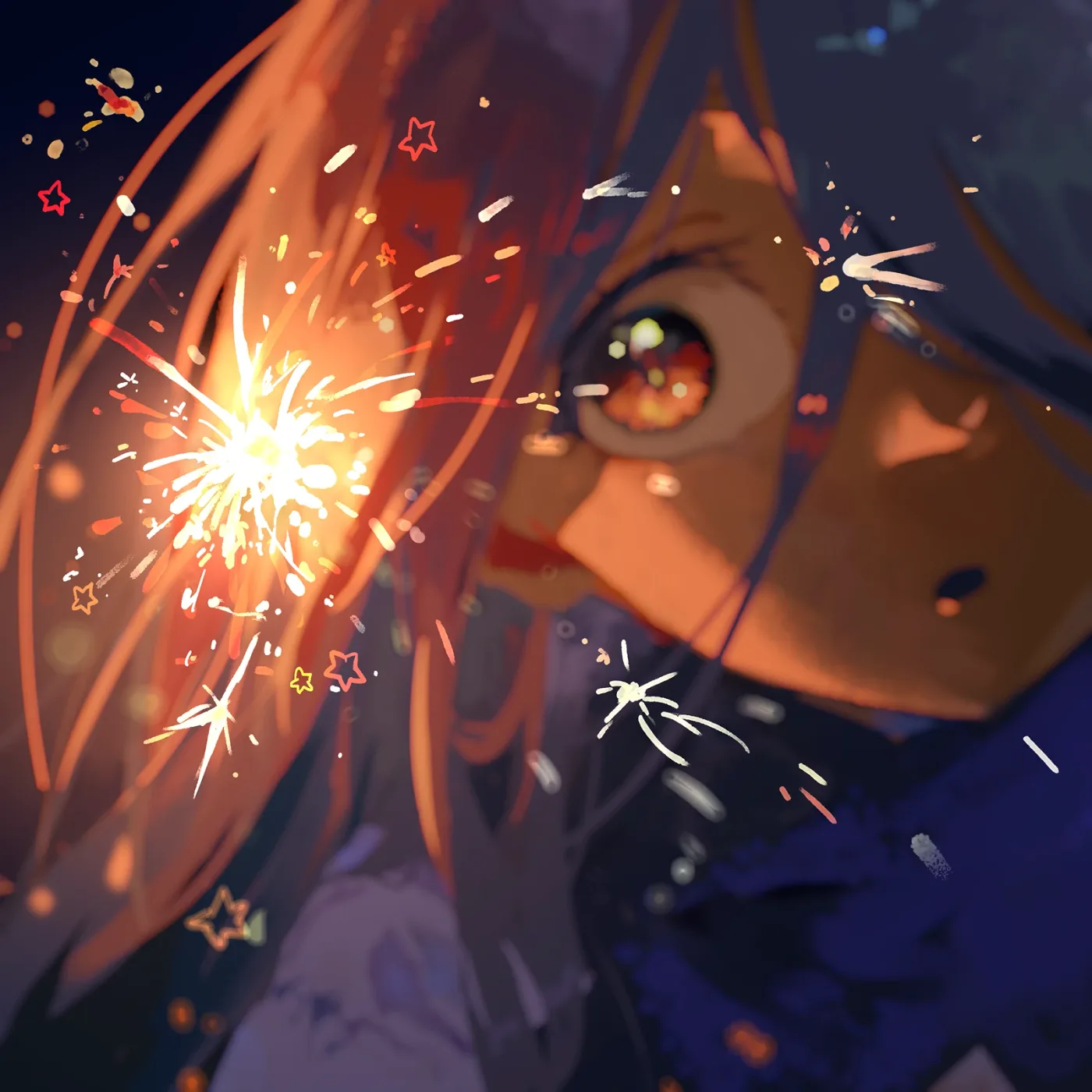 Portada de la edición limitada de primera prensa del EP AIYOU de Eve: ilustración del rostro de una joven de cabello largo en primer plano, iluminada por las chispas de una luz de bengala sobre un fondo oscuro
