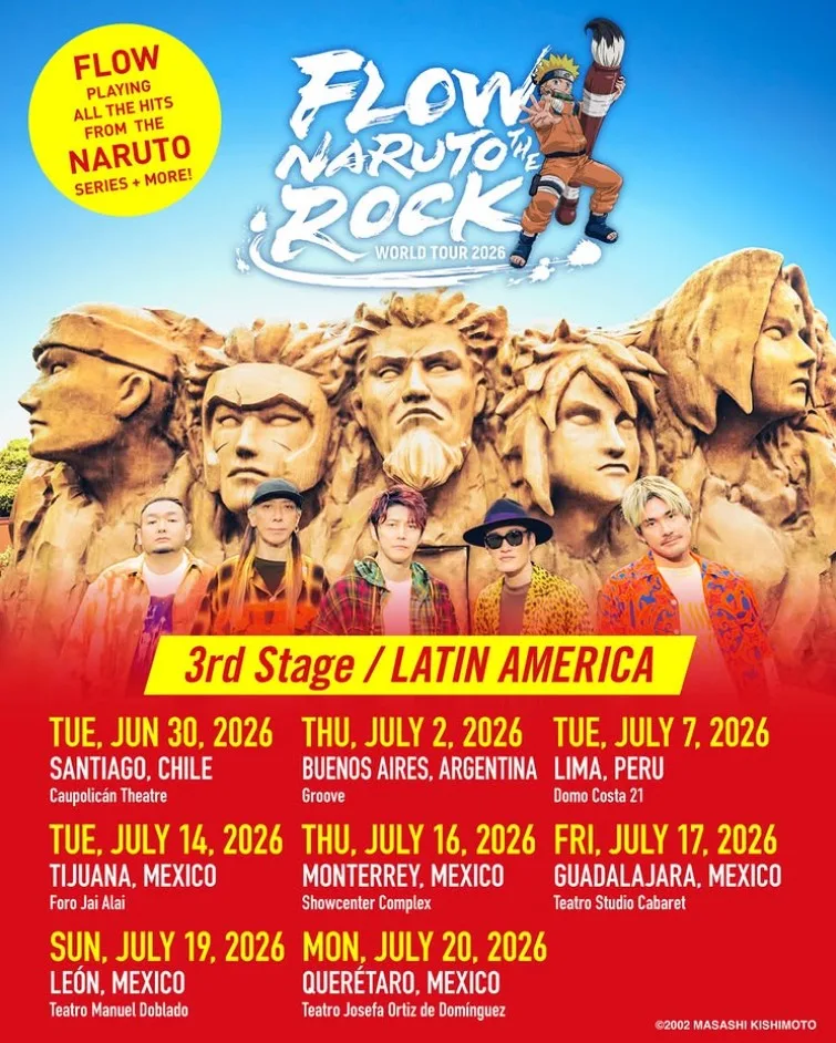 Flyer oficial de FLOW WORLD TOUR 2026 «NARUTO THE ROCK» con las fechas de Latinoamérica