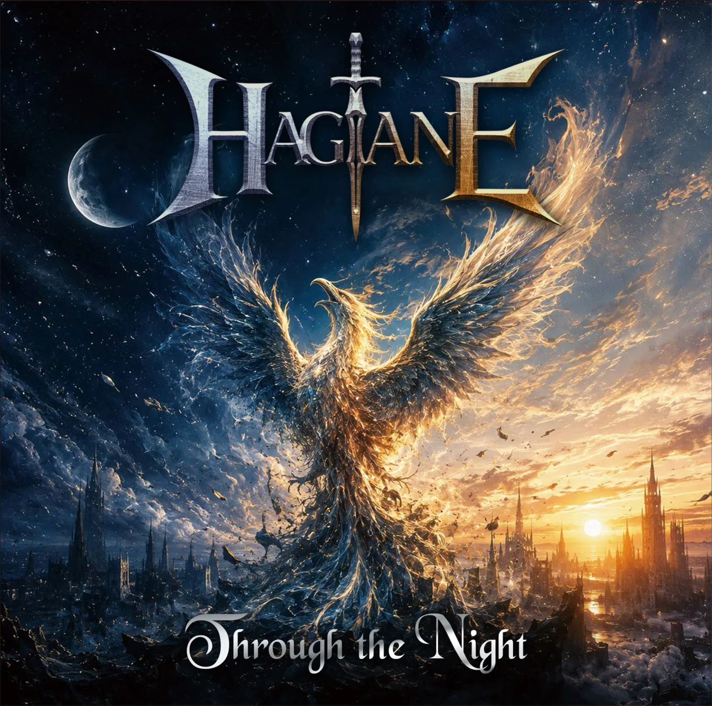 Portada de Through the Night de HAGANE: un fénix de fuego con las alas abiertas sobre una ciudad de torres góticas, entre la noche y el amanecer
