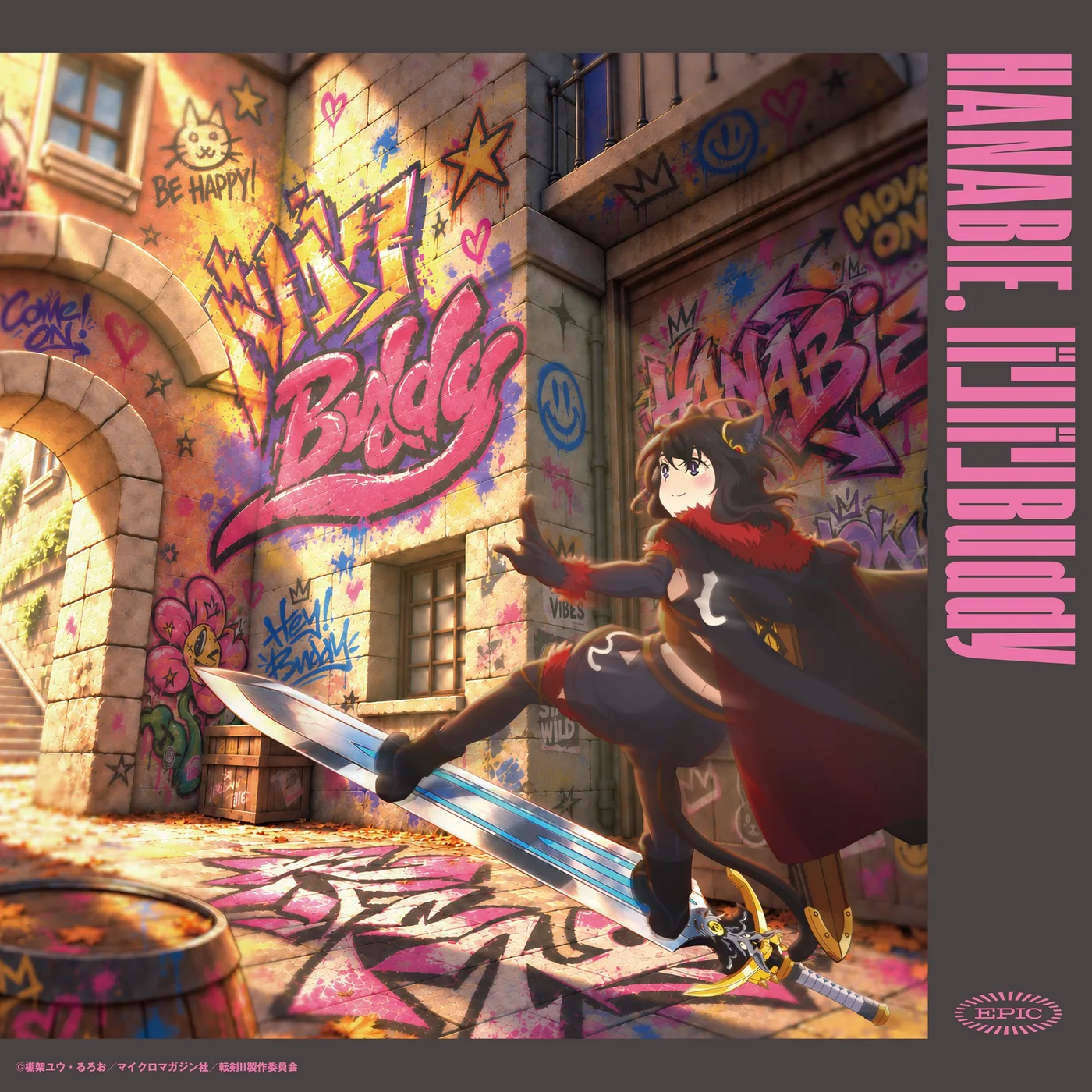Portada del sencillo «Bari Bari Buddy» de HANABIE., con la protagonista del anime y una espada frente a un muro con grafitis