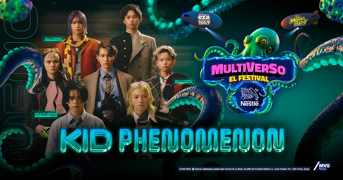 Imagen oficial del anuncio: los siete integrantes de KID PHENOMENON, vestidos con trajes y abrigos, junto al logo de Multiverso El Festival, un pulpo verde, y su nombre en letras de neón