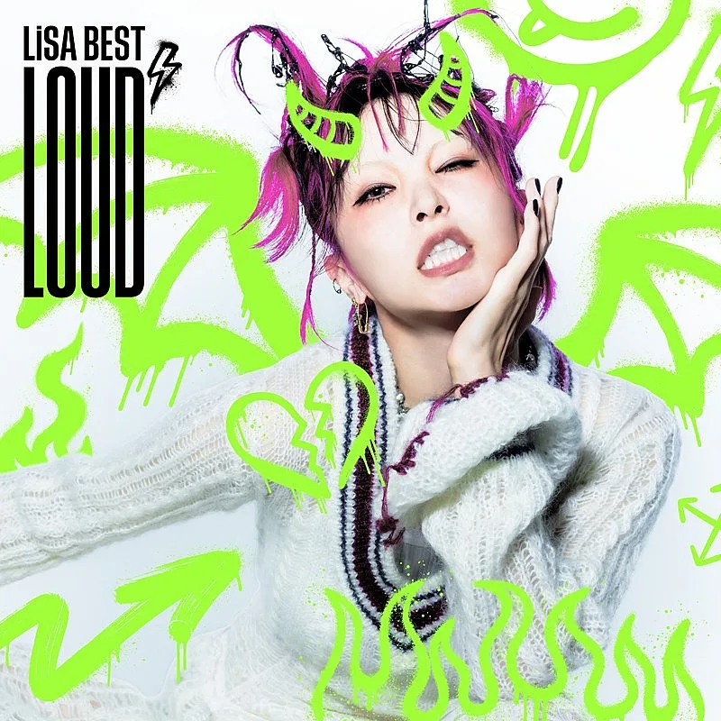 Portada de LiSA BEST -LOUD-: LiSA con cabello rosa y suéter blanco, rodeada de grafitis verde neón