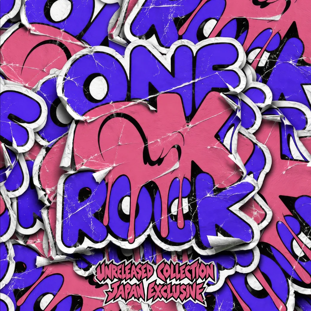 Portada de Unreleased Collection - Japan Exclusive: el nombre de ONE OK ROCK en letras de grafiti moradas y rosas, como calcomanías arrugadas y encimadas, con el título del disco en la parte de abajo