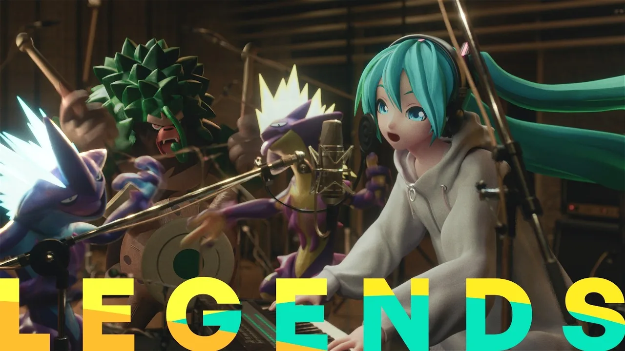 Imagen del video de LEGENDS: Hatsune Miku con audífonos canta frente a un teclado en un estudio de grabación, junto a tres Pokémon
