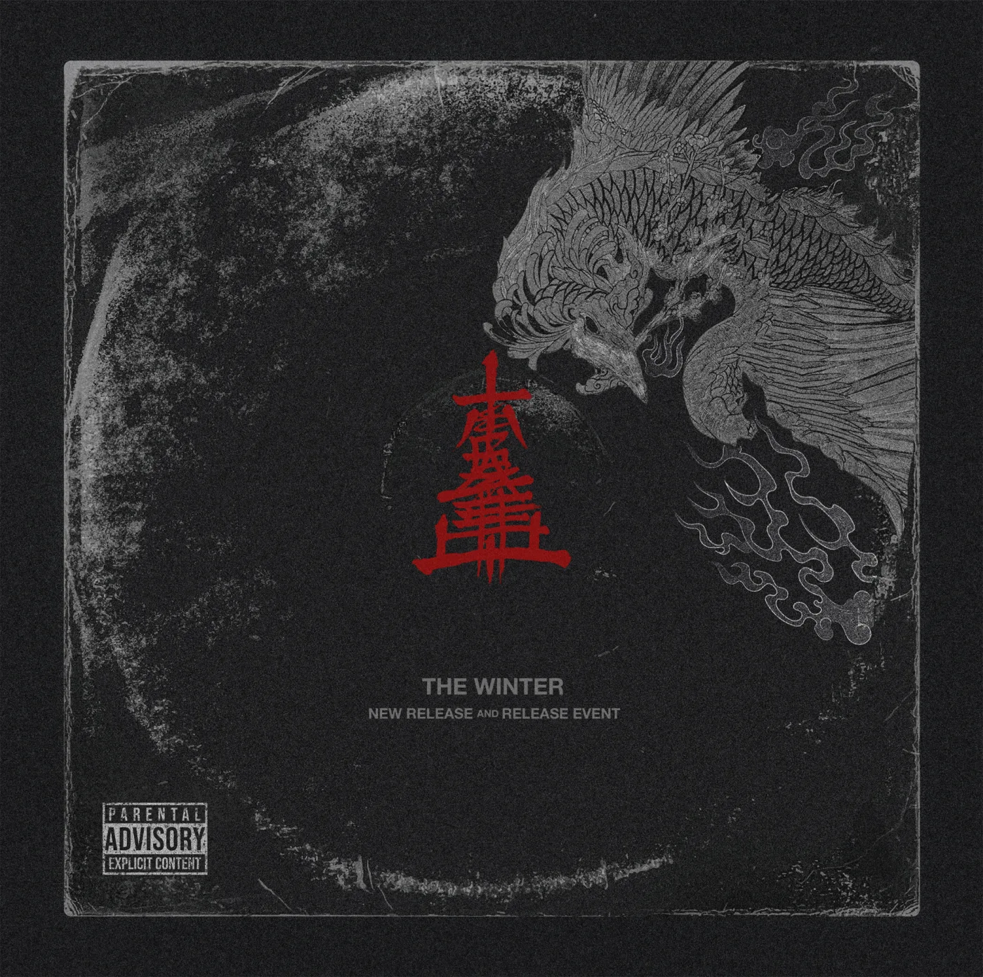 Visual oficial «THE WINTER» del sitio de the GazettE: un fénix gris y el emblema de la banda en rojo sobre fondo negro