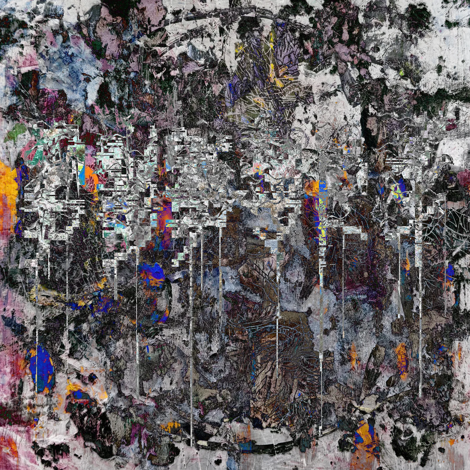 Portada de «Ashidematoi»: un collage abstracto de texturas rasgadas en blanco, gris y negro con manchas de azul, naranja, violeta y rosa, y bloques pixelados en el centro