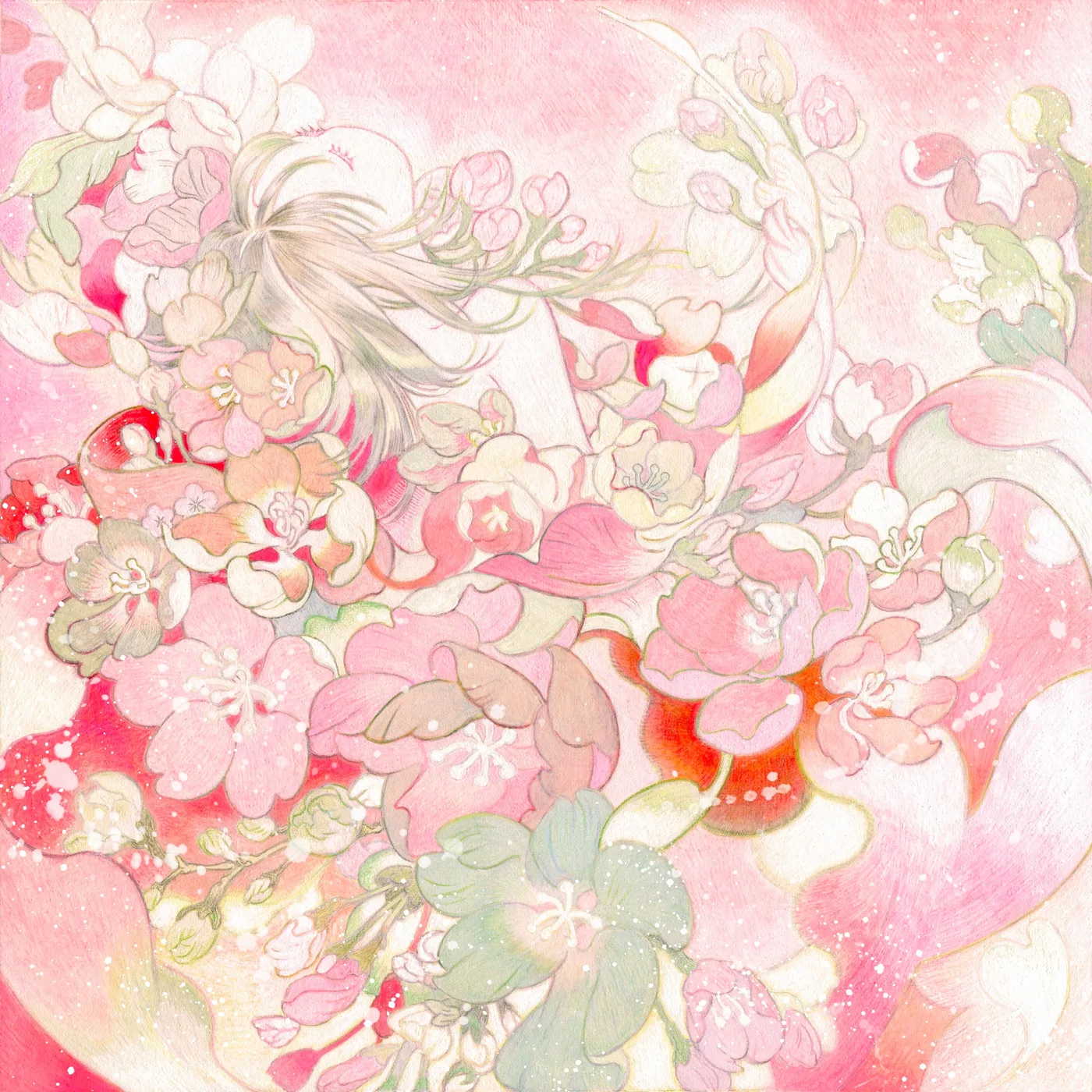 Portada del sencillo «Sakihokore» de YOASOBI: una figura dormida entre flores de cerezo pintadas en tonos rosas