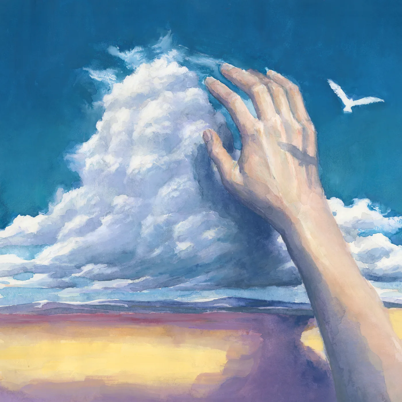 Portada del sencillo de Yorushika: una mano pintada en acuarela que toca una nube blanca sobre un cielo azul, con un ave al fondo